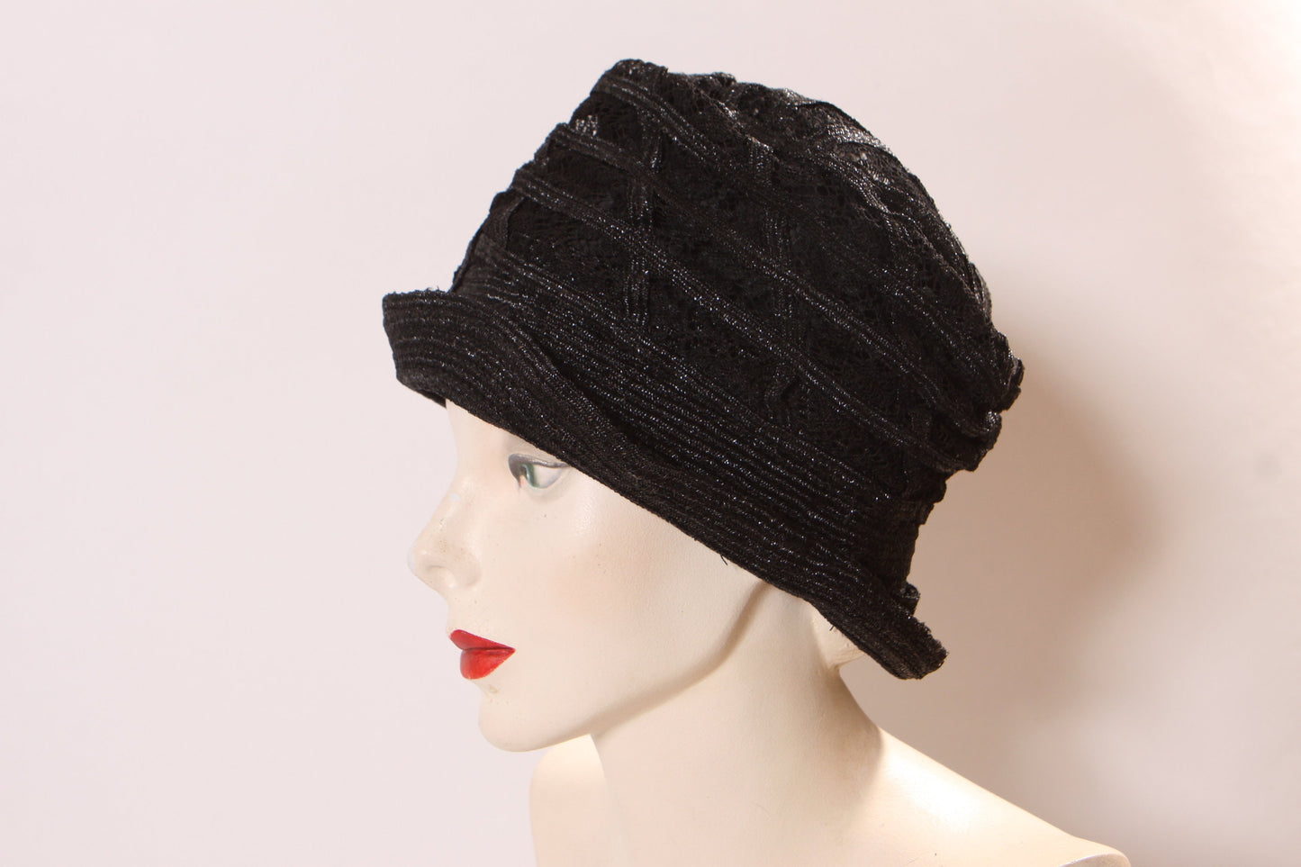 Antique 1920s Black Ribbon Woven Mourning Cloche Hat