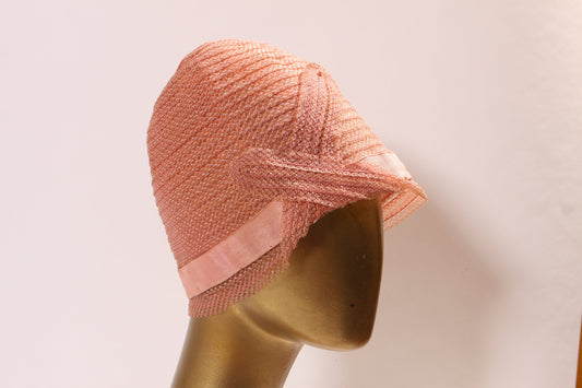 1920s Pink Rolled Edge Ribbon Detail Cloche Hat