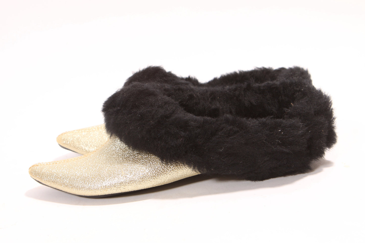 Deadstock 1960s Gold Metallic and Black Faux Fur Slip On House Shoes Slippers-Size 7