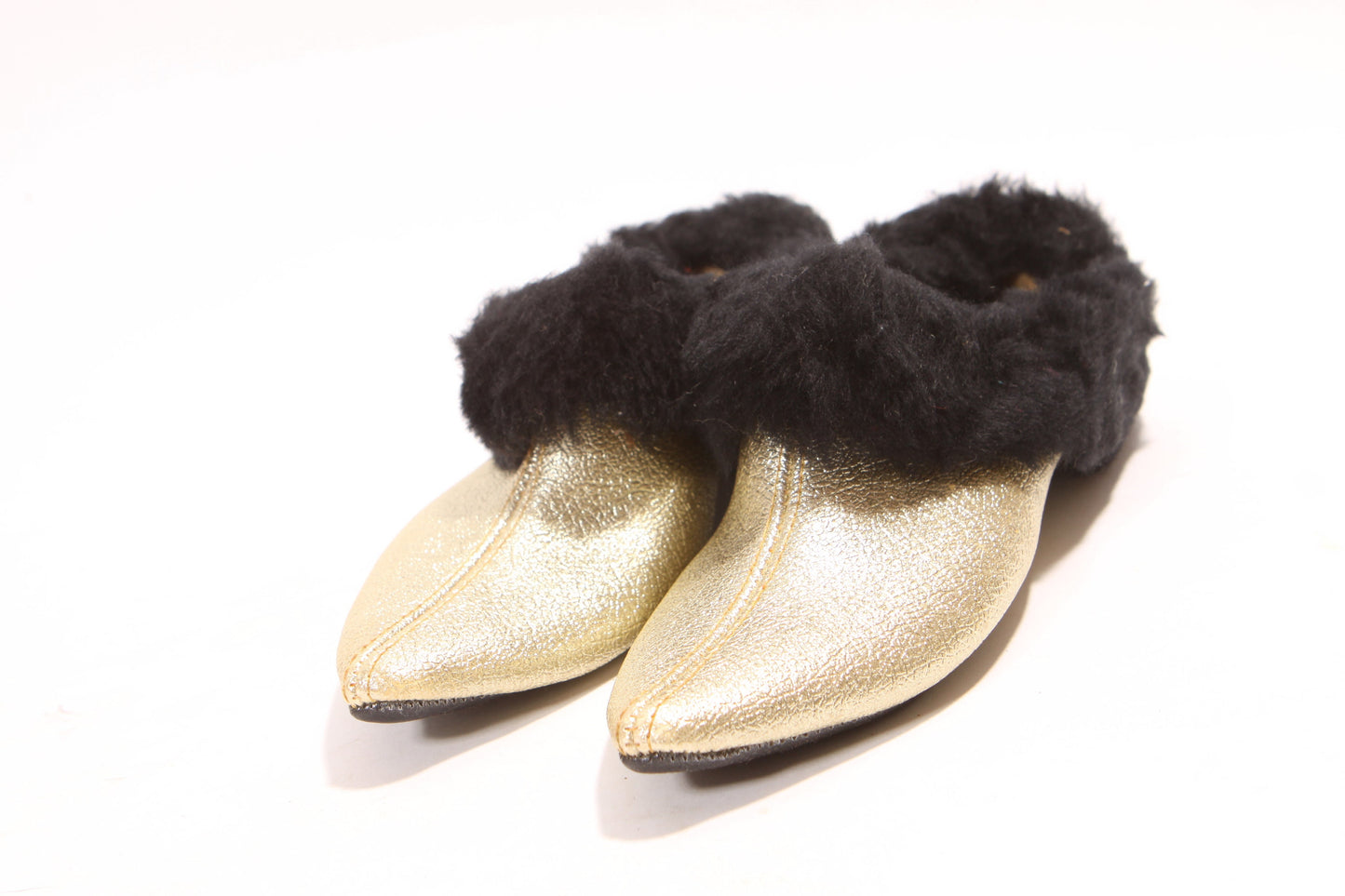 Deadstock 1960s Gold Metallic and Black Faux Fur Slip On House Shoes Slippers-Size 7