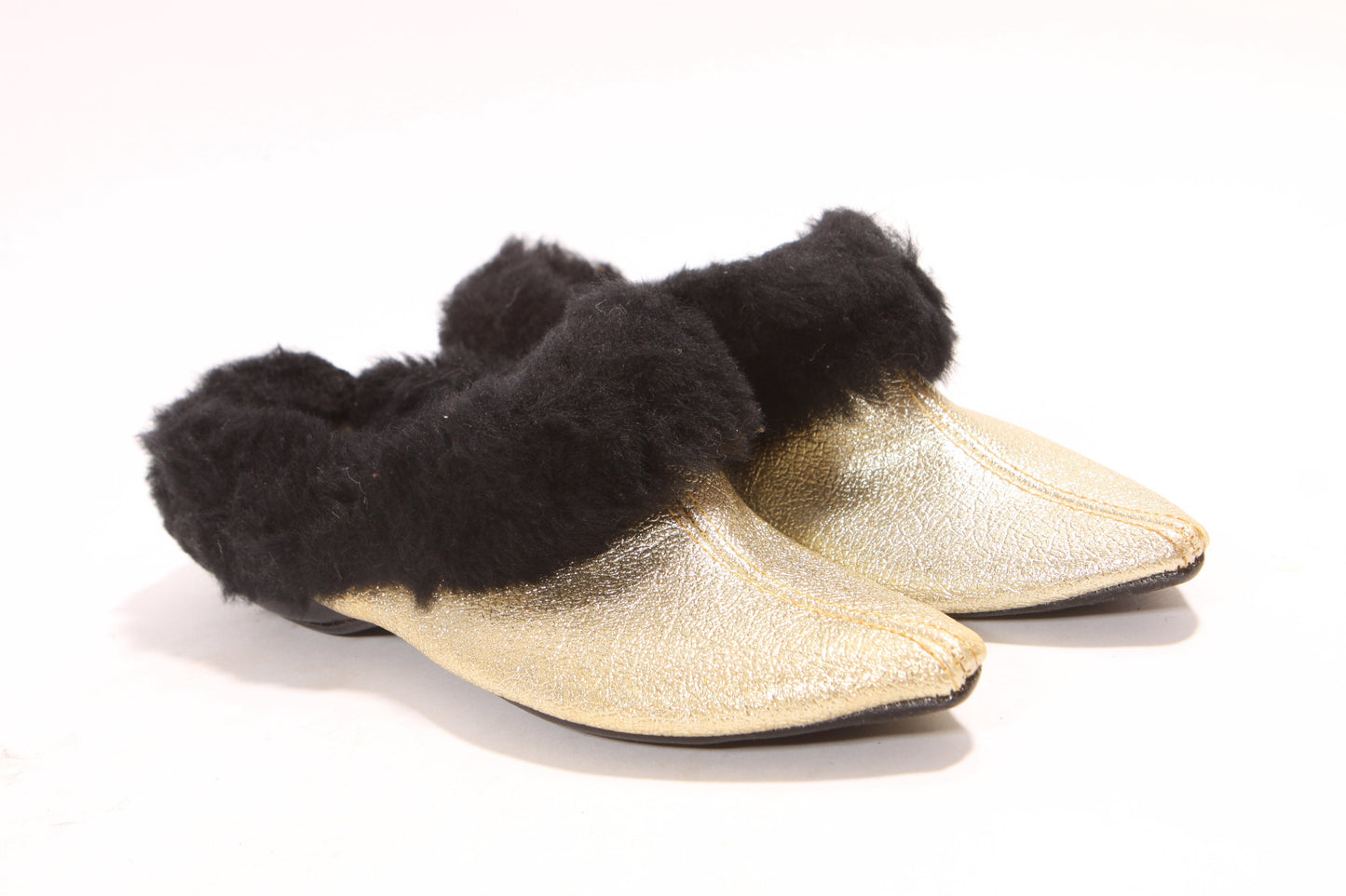 Deadstock 1960s Gold Metallic and Black Faux Fur Slip On House Shoes Slippers-Size 7