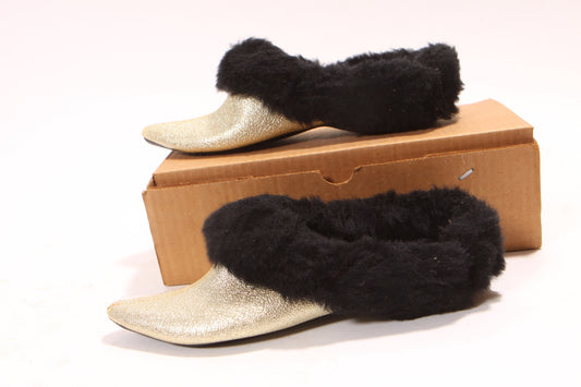 Deadstock 1960s Gold Metallic and Black Faux Fur Slip On House Shoes Slippers-Size 7