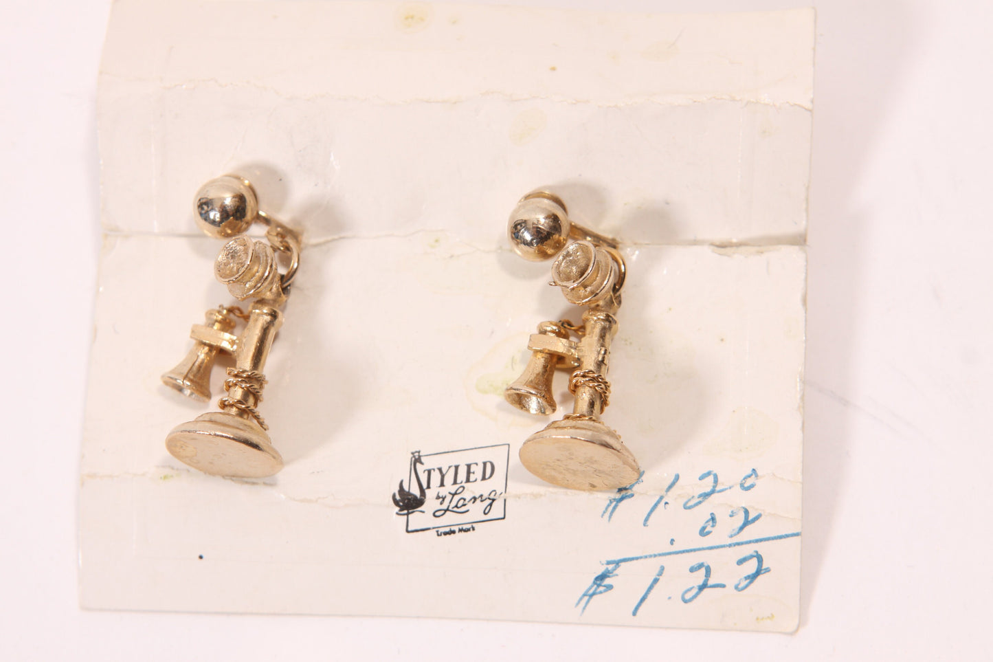 Deadstock 1950s Gold Tone Novelty Telephone Screwback Earrings by Styled by Lang