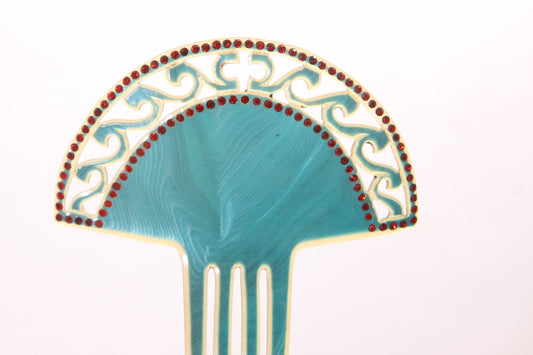 1930s Art Deco Blue Swirl and Red Rhinestone Swirl Decorative Hair Comb