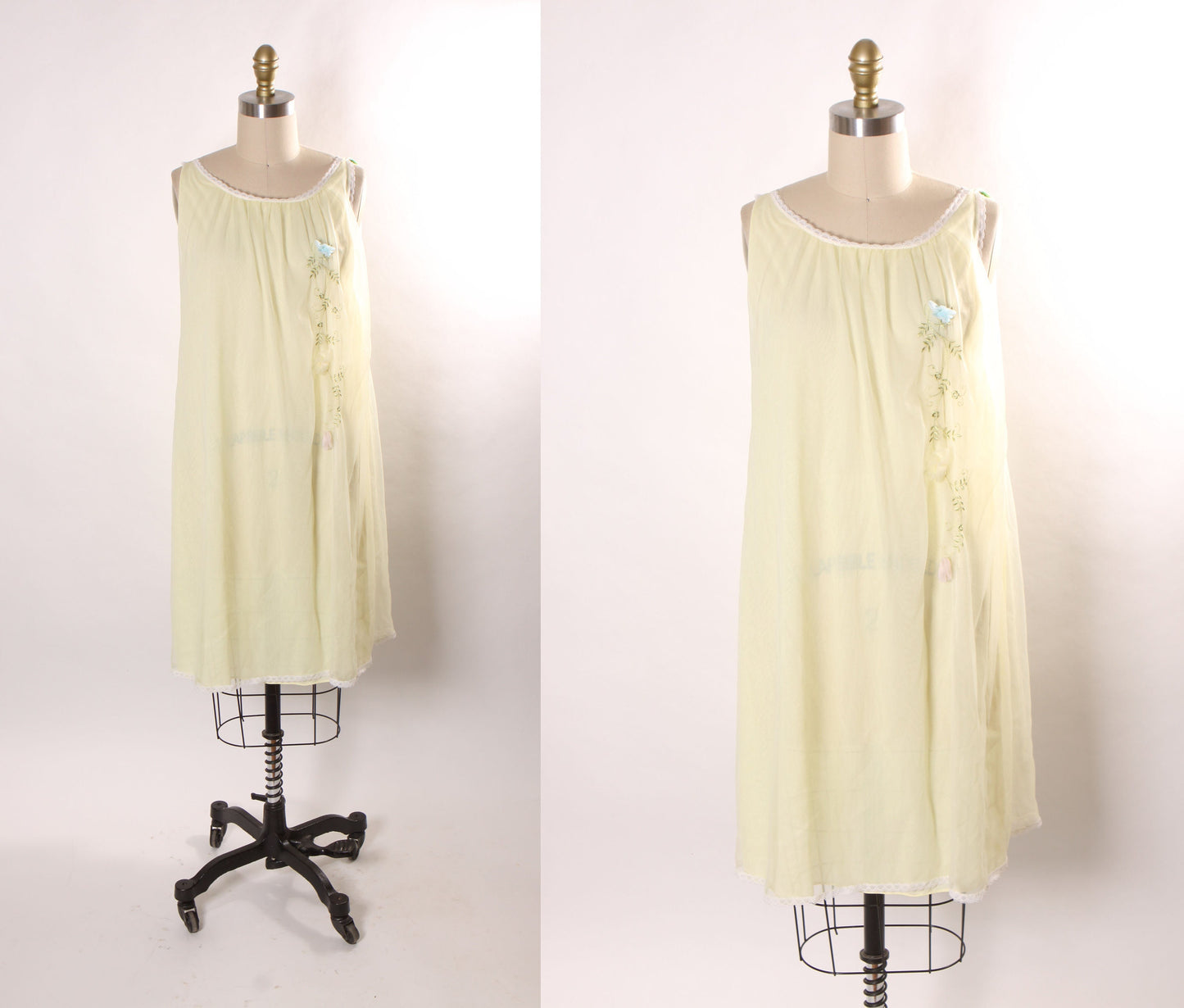 1950s 1960s Yellow, Green and Blue 3D Flower Floral Nylon Lingerie Night Gown by Nan Flower -L