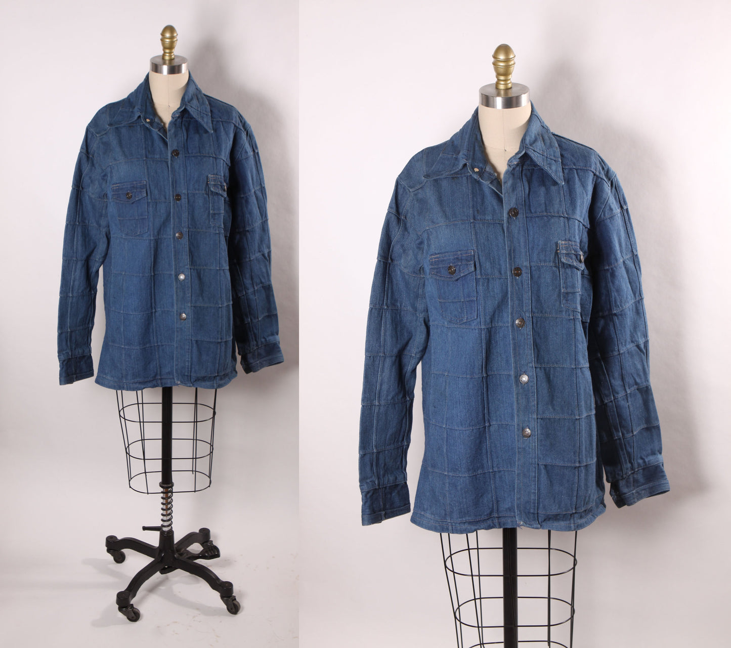 1970s Denim Window Pane Button Up Long Sleeve Mens Jacket by Adventura -M