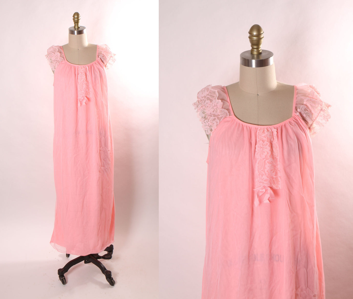 1950s Bright Pink Nylon Floral Lace Trim Short Sleeve Lingerie Night Gown by Berkliff -M