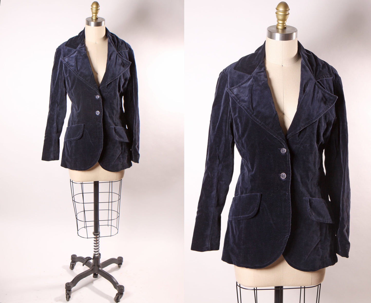 1970s Dark Navy Blue Velvet Long Sleeve Button Up Blazer Jacket by Ellen Tracy -M