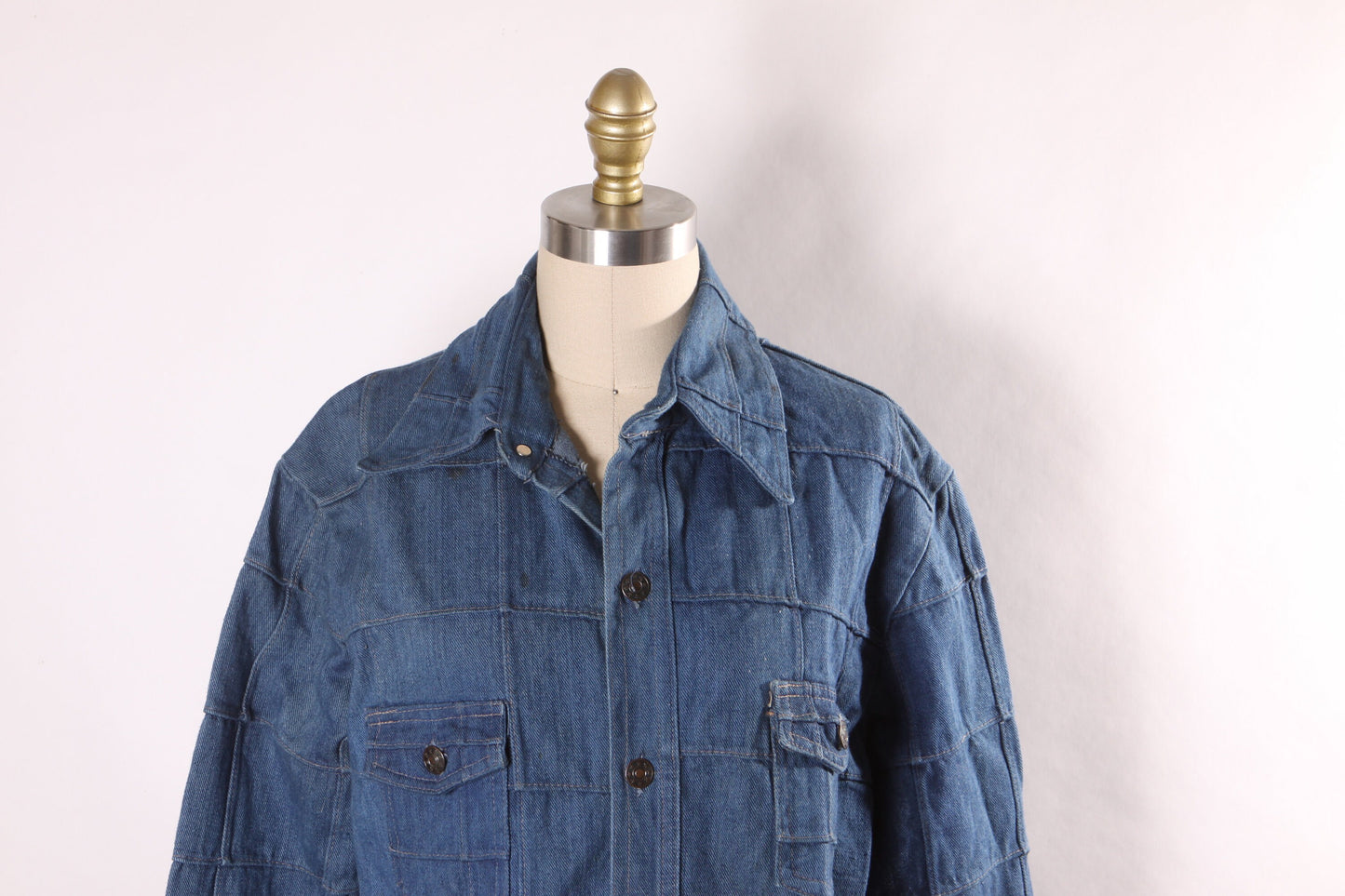 1970s Denim Window Pane Button Up Long Sleeve Mens Jacket by Adventura -M