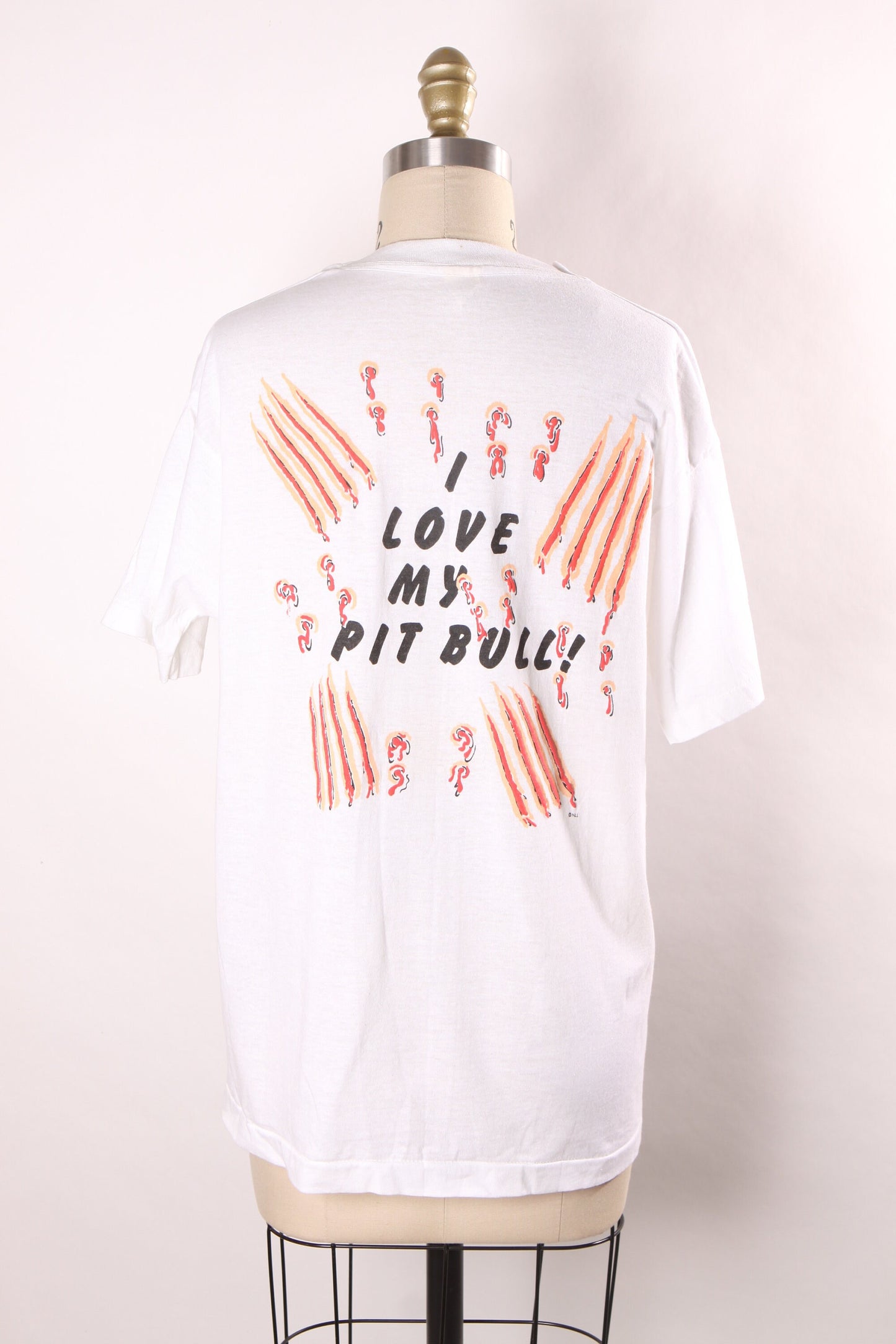 Late 1980s White, Red and Black Novelty Puffy Print I Love My Pit Bull Dog Scratch Short Sleeve T-Shirt big Screen Stars -L