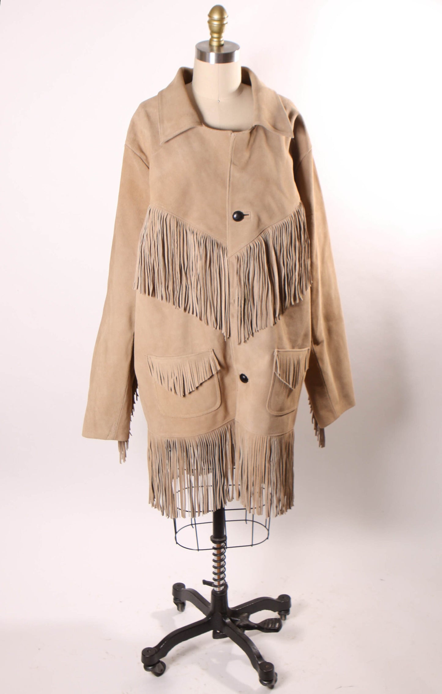 1980s Light Tan Suede Leather Fringe Long Sleeve Mens Western Jacket Coat by Bull Genuine Leather -L