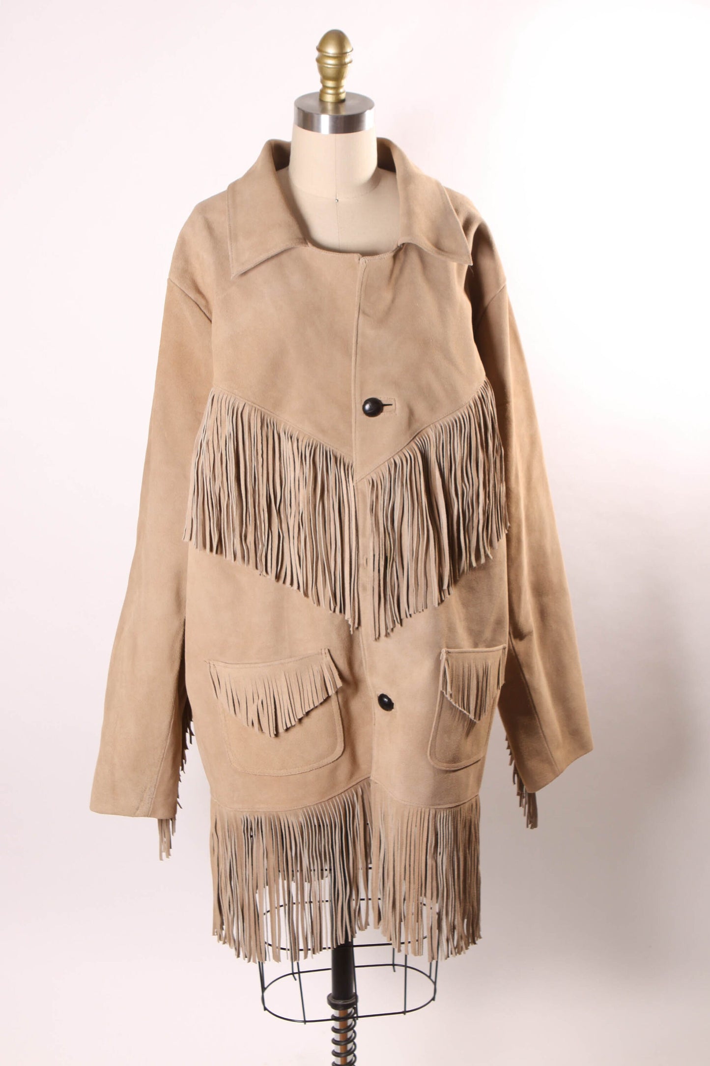 1980s Light Tan Suede Leather Fringe Long Sleeve Mens Western Jacket Coat by Bull Genuine Leather -L