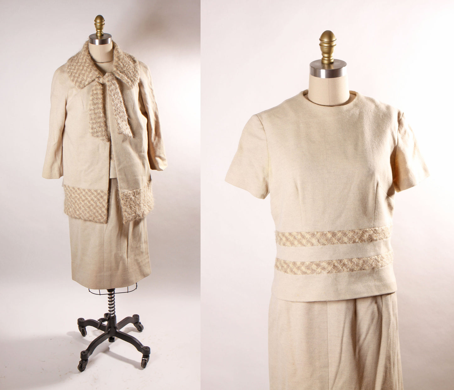 1960s Beige Short Sleeve Knit Short Sleeve Blouse with Matching Skirt and 3/4 Length Sleeve Jacket Three Piece Skirt Suit by Lilli Ann -M