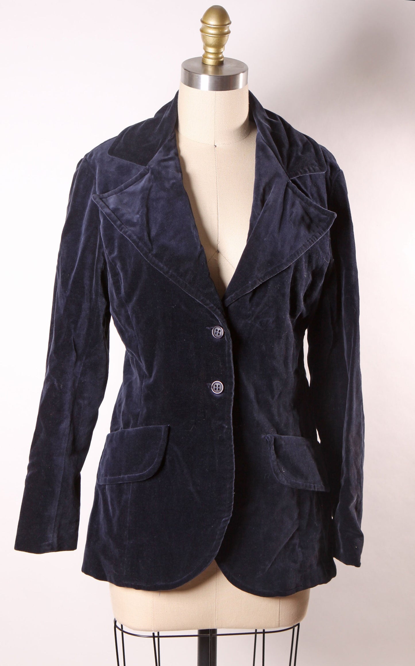 1970s Dark Navy Blue Velvet Long Sleeve Button Up Blazer Jacket by Ellen Tracy -M