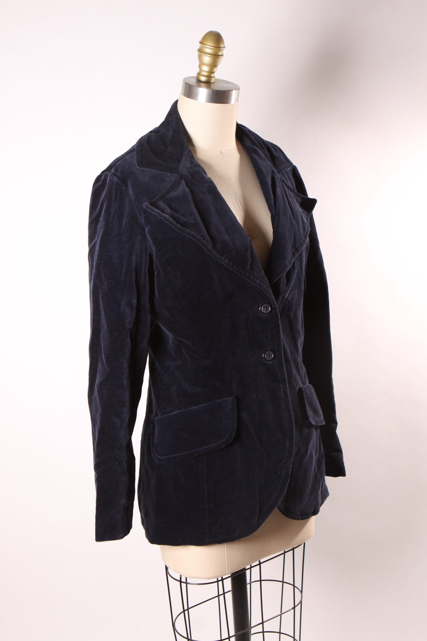 1970s Dark Navy Blue Velvet Long Sleeve Button Up Blazer Jacket by Ellen Tracy -M