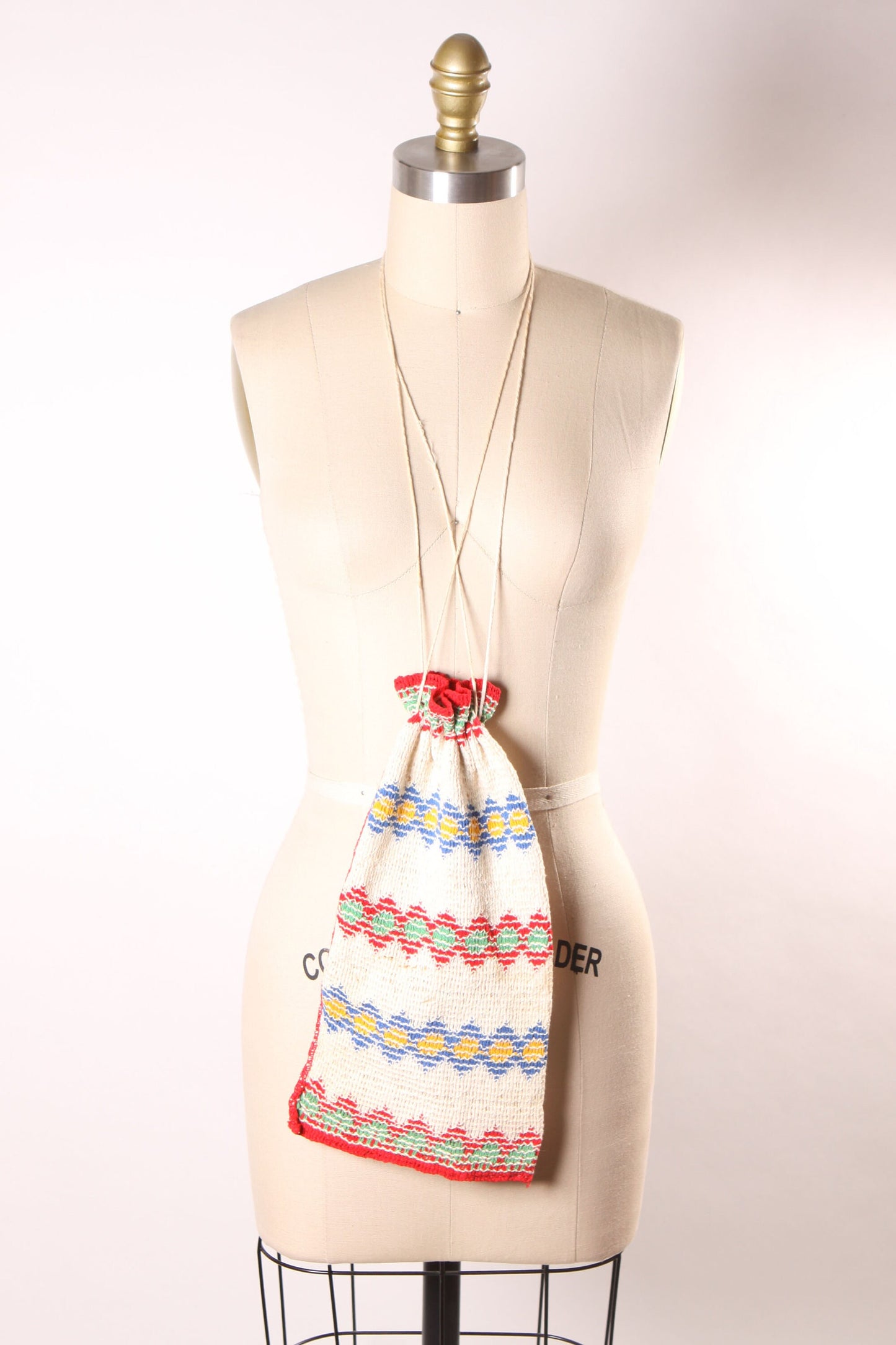 1940s Primary Colors Red, Green, Yellow, Blue and Cream Woven Drawstring Pouch Purse