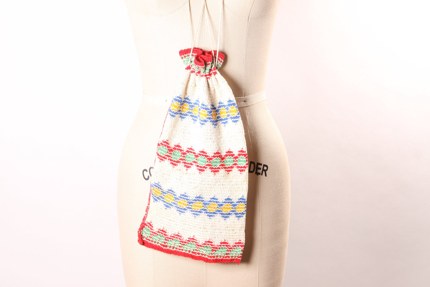 1940s Primary Colors Red, Green, Yellow, Blue and Cream Woven Drawstring Pouch Purse