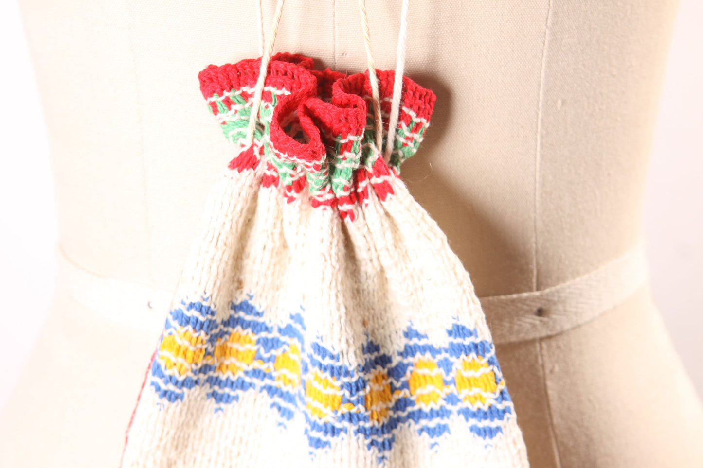 1940s Primary Colors Red, Green, Yellow, Blue and Cream Woven Drawstring Pouch Purse