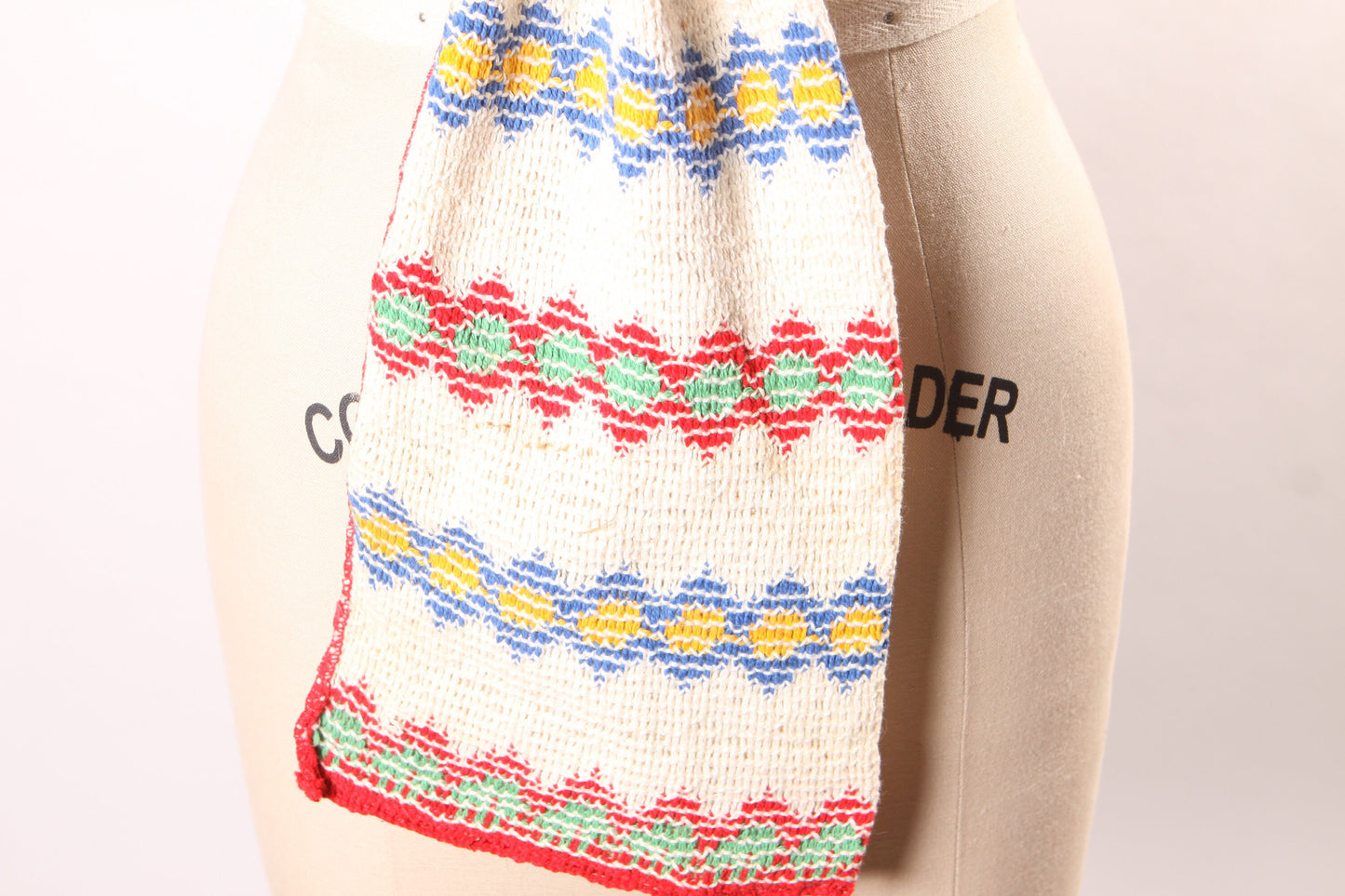 1940s Primary Colors Red, Green, Yellow, Blue and Cream Woven Drawstring Pouch Purse