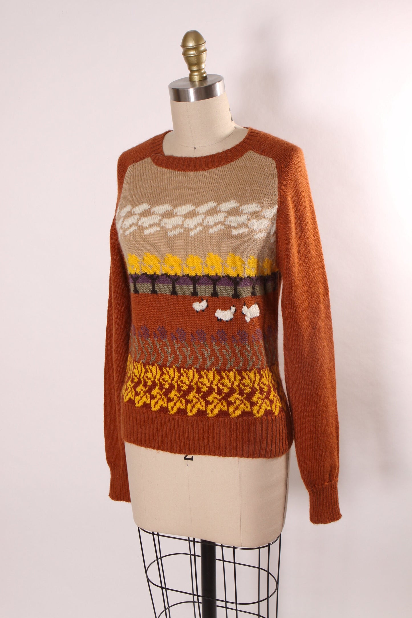 1970s Clay Brown Long Sleeve Novelty Scenic and Sheep Acrylic Knit Pullover Sweater by Chianti -L