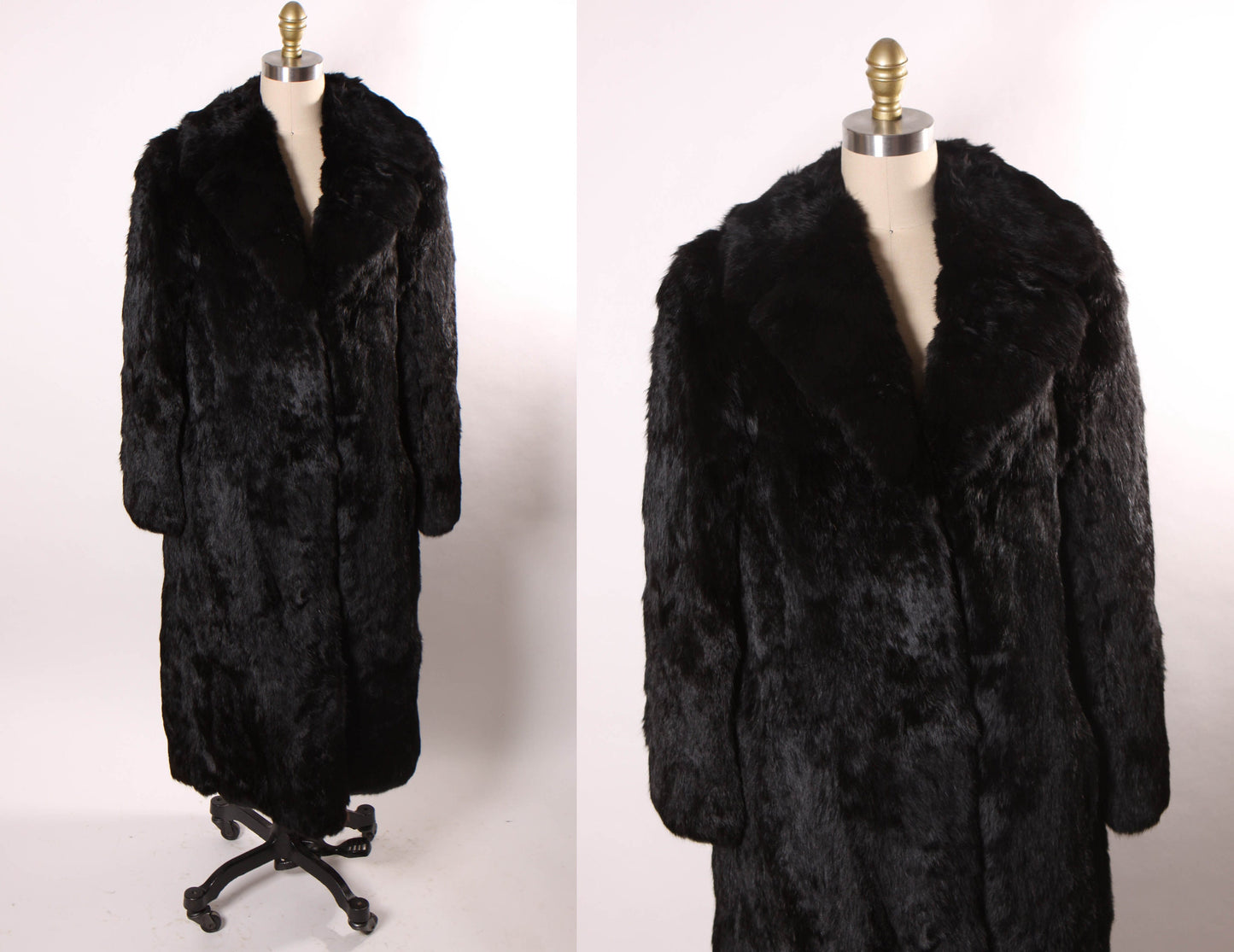 Late 1970s Early 1980s Black Rabbit Fur Full Length Long Sleeve Coat -M