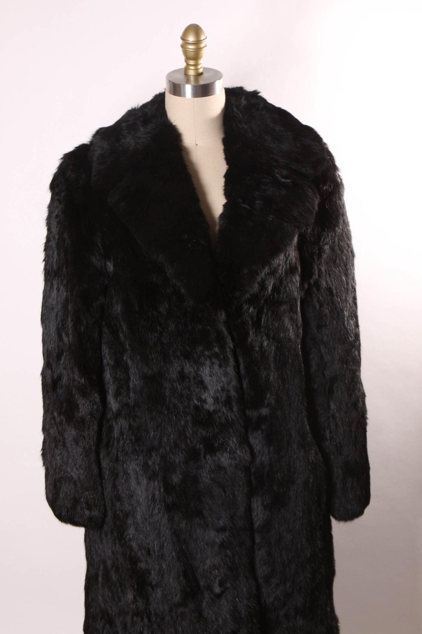 Late 1970s Early 1980s Black Rabbit Fur Full Length Long Sleeve Coat -M