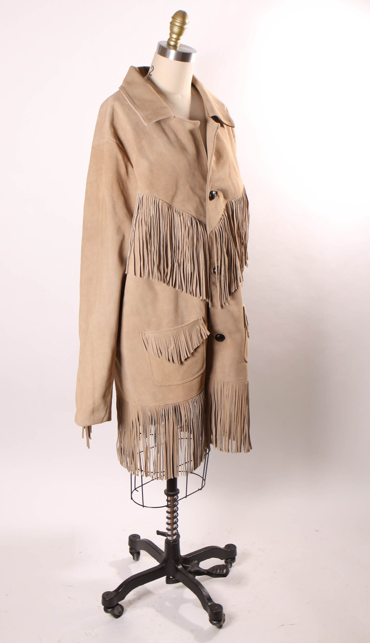 1980s Light Tan Suede Leather Fringe Long Sleeve Mens Western Jacket Coat by Bull Genuine Leather -L