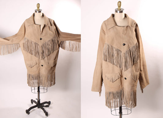 1980s Light Tan Suede Leather Fringe Long Sleeve Mens Western Jacket Coat by Bull Genuine Leather -L