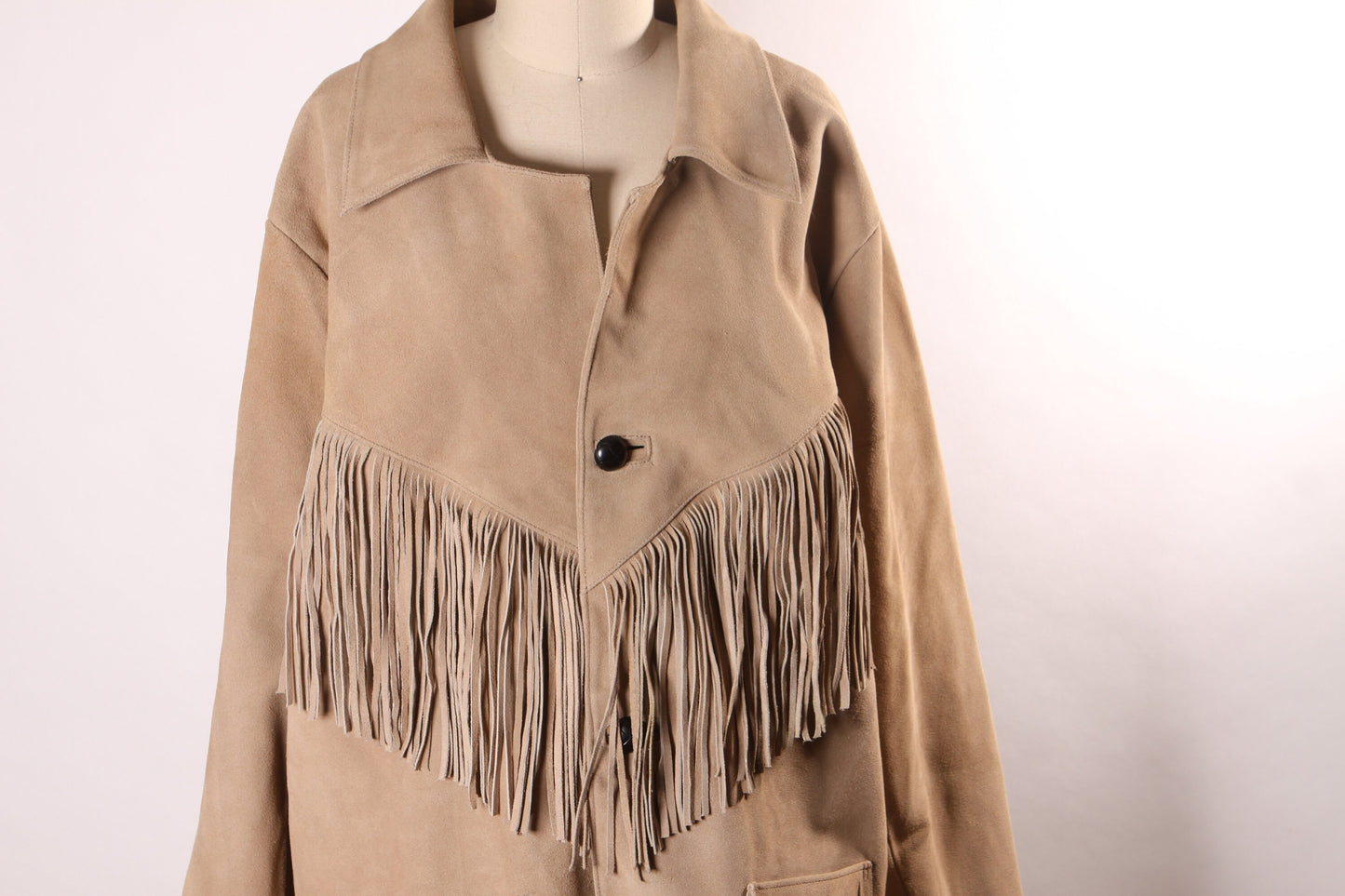 1980s Light Tan Suede Leather Fringe Long Sleeve Mens Western Jacket Coat by Bull Genuine Leather -L