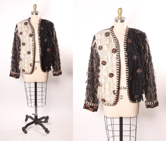 1980s Black, Cream and Tan Fringe Open Front Oversized Button Long Sleeve Color Block Jacket by Crystal