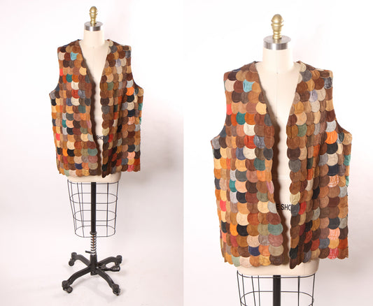 1960s 1970s Multi-Colored Earth Tone Leather Fish Scale Open Front Vest -L