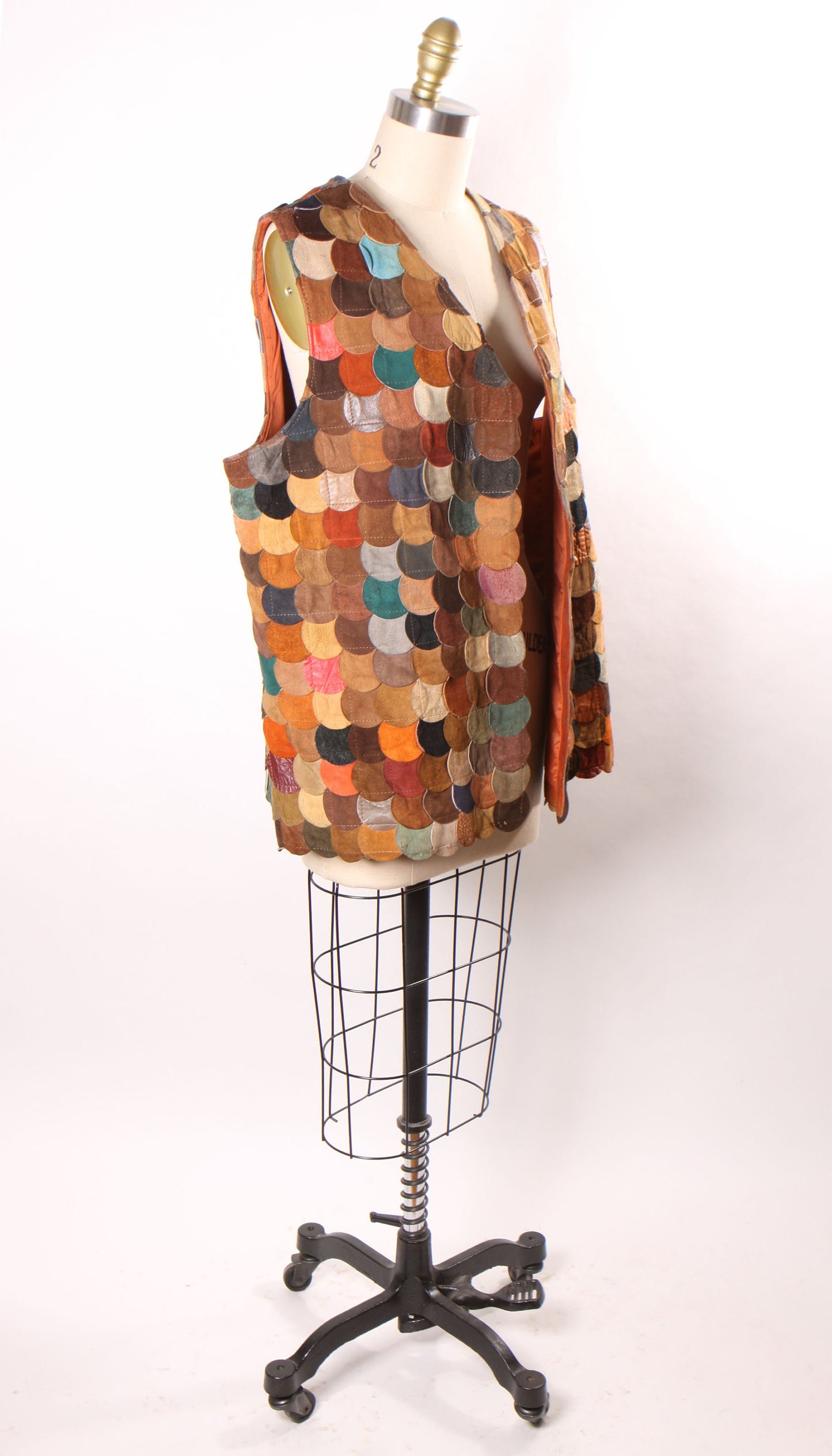 1960s 1970s Multi-Colored Earth Tone Leather Fish Scale Open Front Vest -L