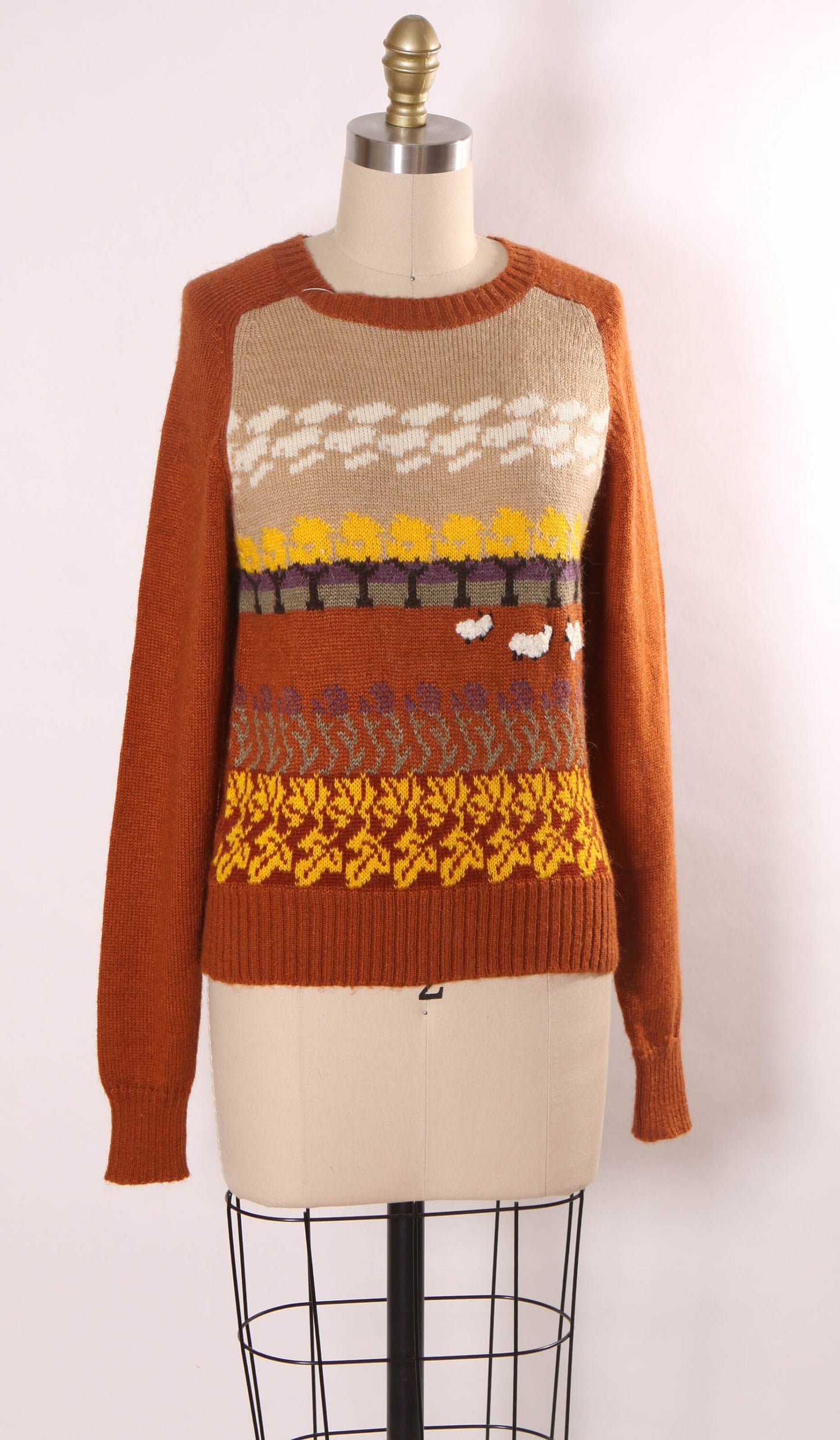 1970s Clay Brown Long Sleeve Novelty Scenic and Sheep Acrylic Knit Pullover Sweater by Chianti -L