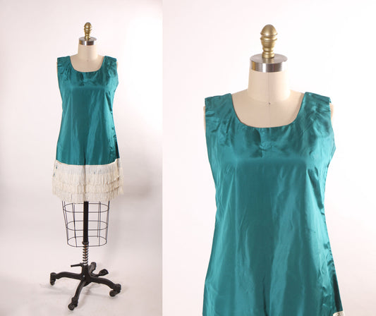 1960s Does 1920s Teal Blue Green Sleeveless White Fringe Flapper Dress