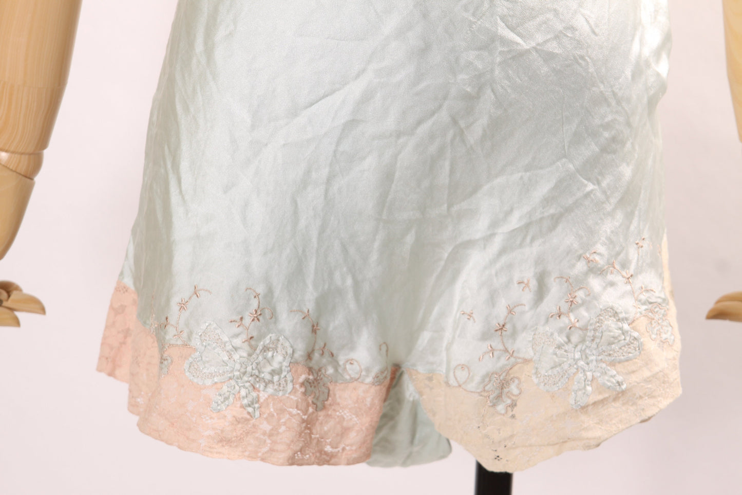 1920s Pale Blue, Cream and Pink Lace Trim Silk High Waisted Lingerie Tap Pants -M