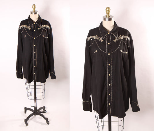 1990s Y2K 2000s Black and Gold Novelty Music Note Embroidered Long Sleeve Western Pearl Snap Shirt -XXL and L