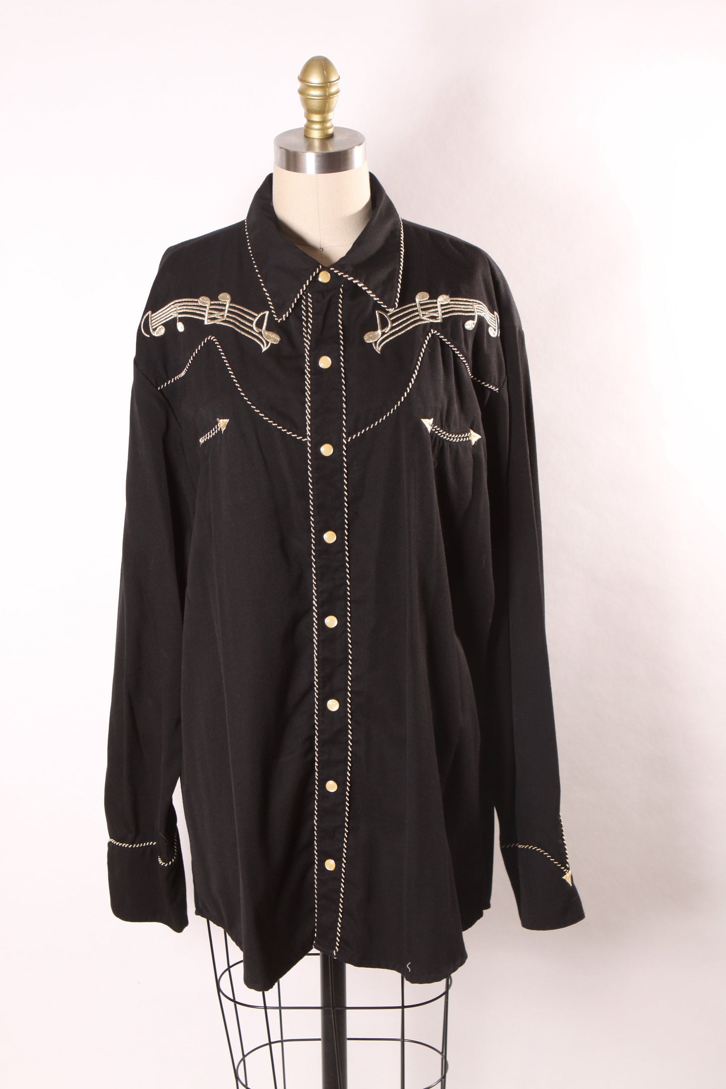 1990s Y2K 2000s Black and Gold Novelty Music Note Embroidered Long Sleeve Western Pearl Snap Shirt -XXL and L