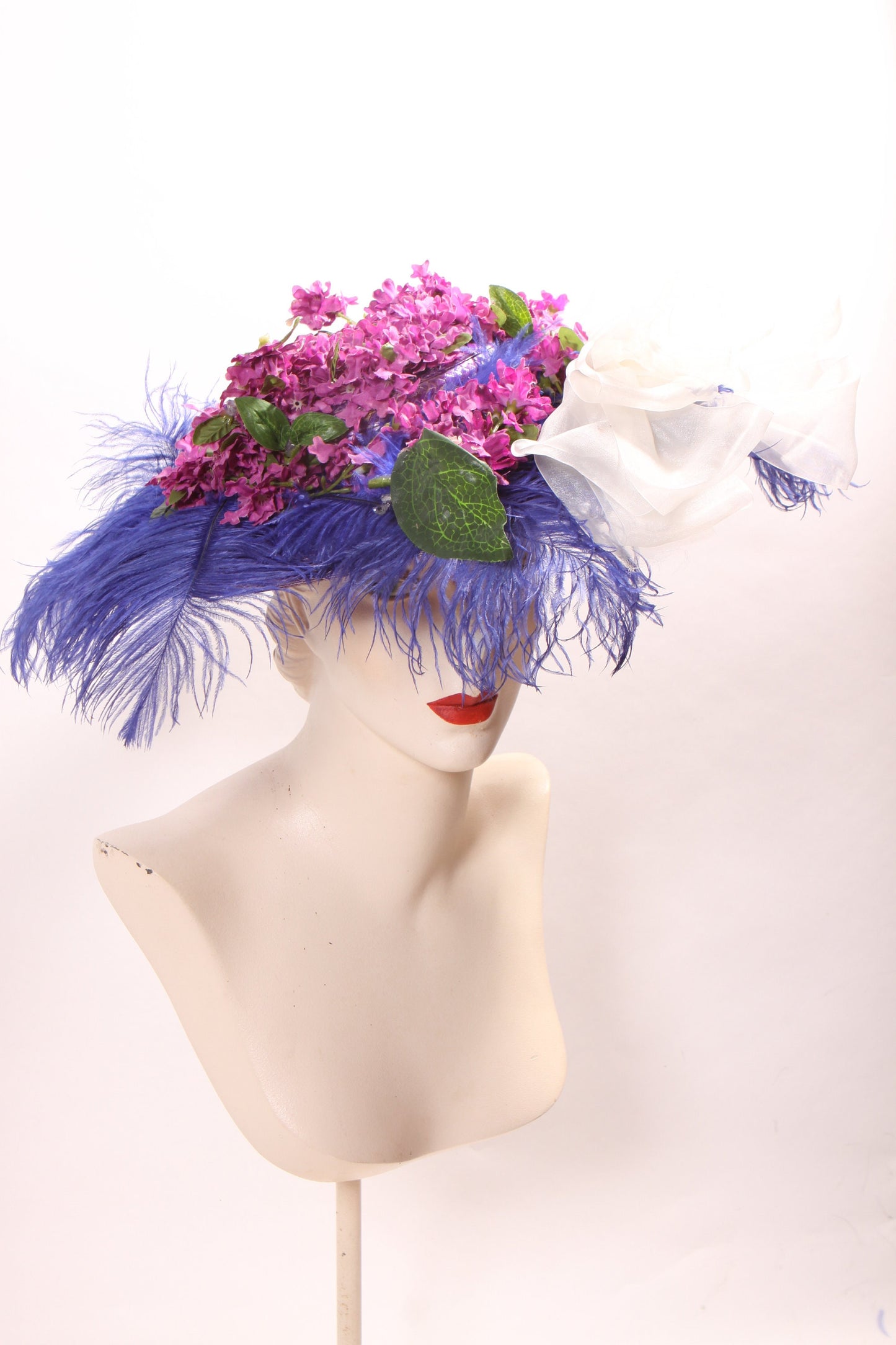 1980s Does Edwardian Victorian Style Wide Brim Purple Straw Hat with Blue Feather and Faux Flowers Floral Hat