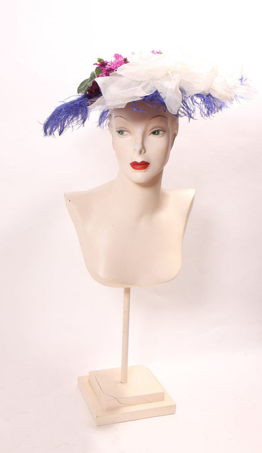 1980s Does Edwardian Victorian Style Wide Brim Purple Straw Hat with Blue Feather and Faux Flowers Floral Hat