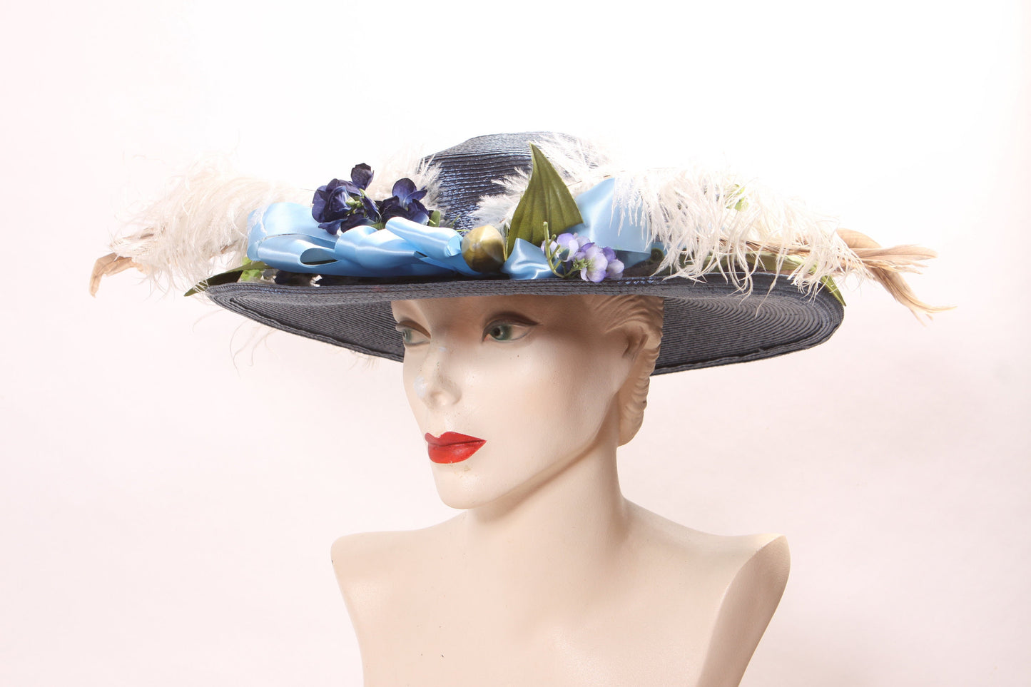 1980s Does Edwardian Gibson Girl Style Wide Brim Blue Floral and Feathered Hat