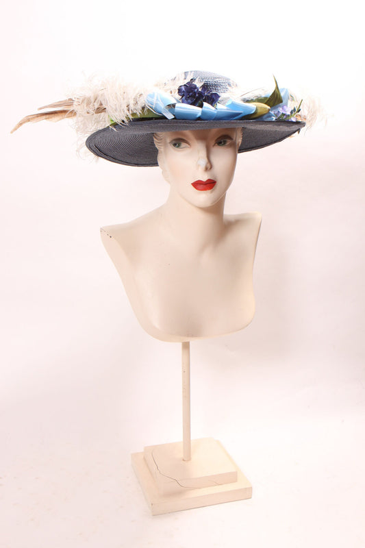 1980s Does Edwardian Gibson Girl Style Wide Brim Blue Floral and Feathered Hat