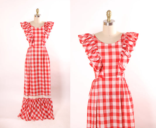 1960s Red and White Gingham Flared Poofy Shoulder Full Length Sleeveless Cottagecore Prairie Dress -XS