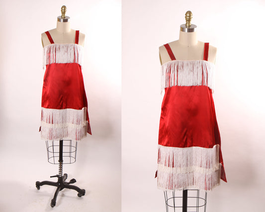 1960s Does 1920s Red Satin Style Sleeveless White Fringe Flapper Style Costume Dress