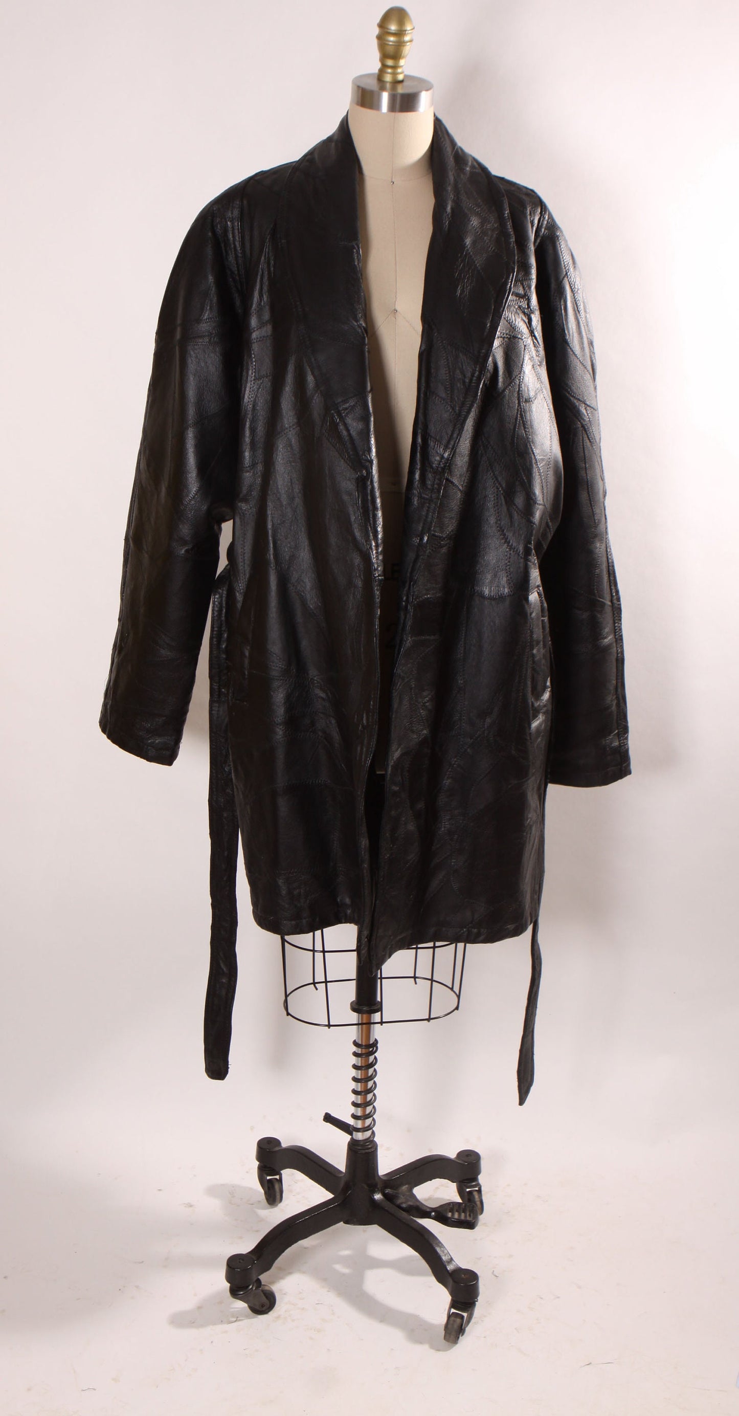 1980s Black Leather Patchwork Long Sleeve Plus Size Belted Coat -XXL