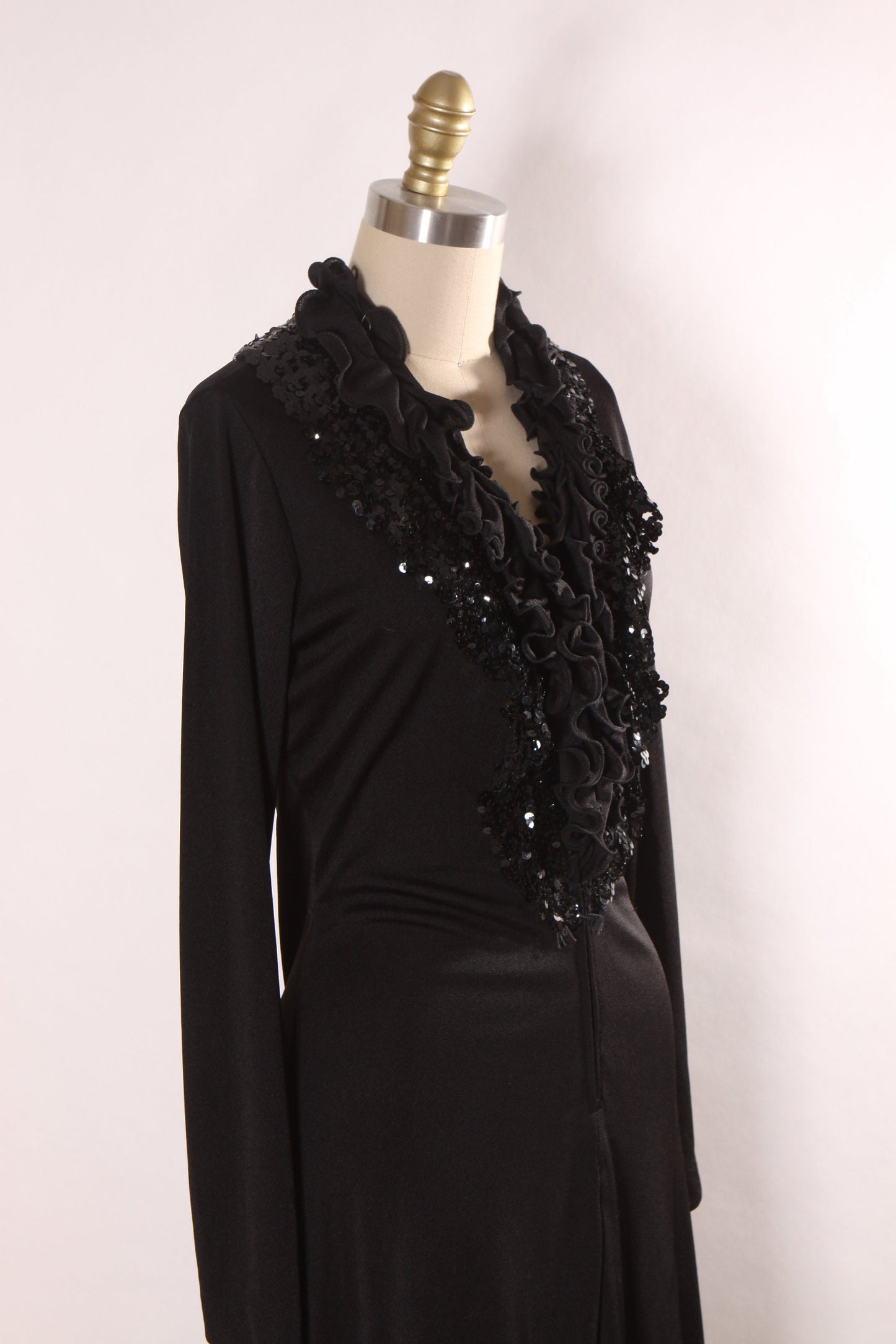 1970s Black Long Sleeve Ruffle Collar Sequin Detail Full Length Middle Slit Dress by Lynn Stevens -L