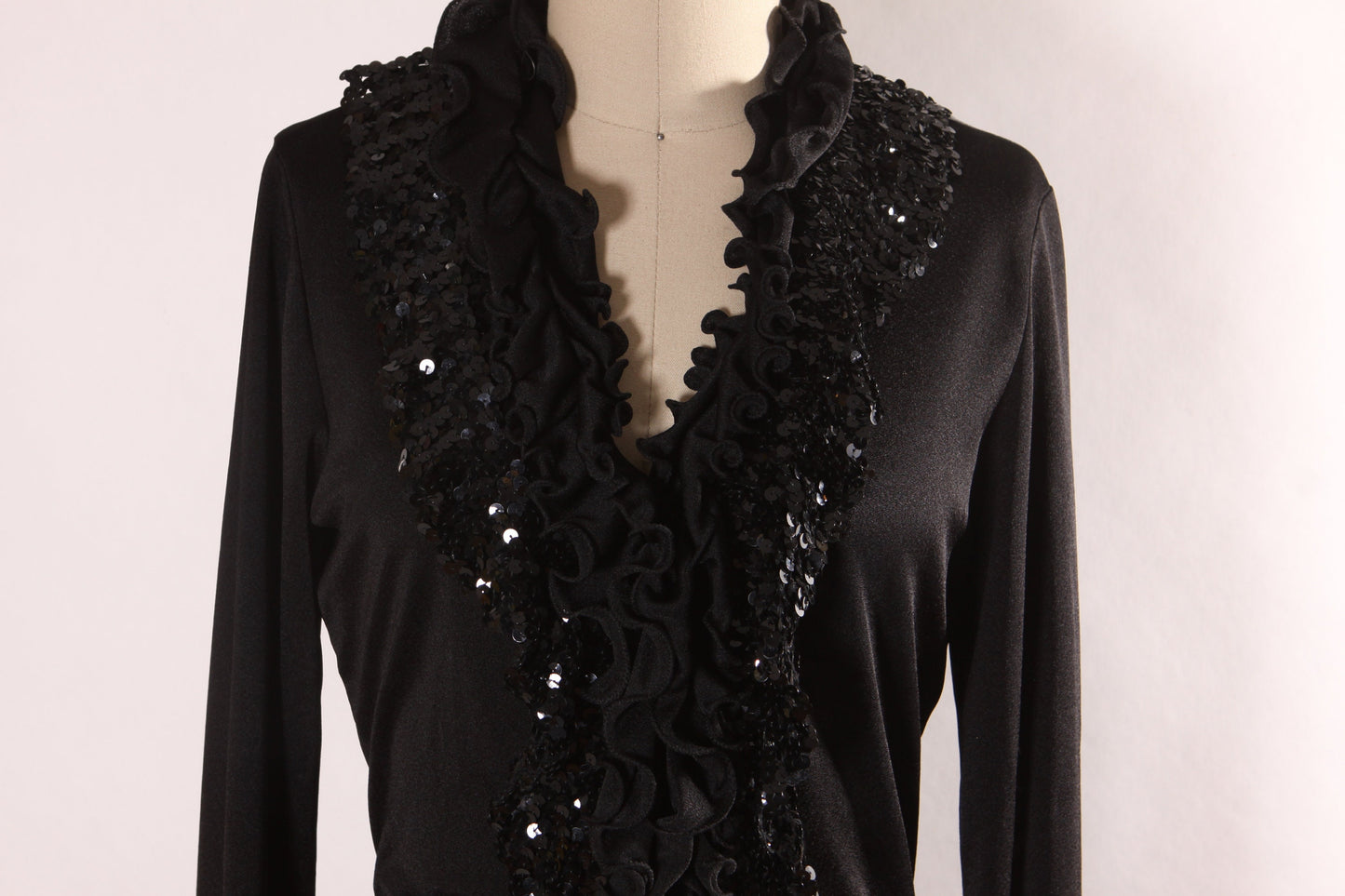 1970s Black Long Sleeve Ruffle Collar Sequin Detail Full Length Middle Slit Dress by Lynn Stevens -L