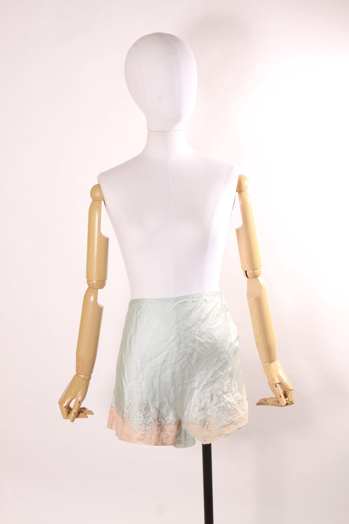 1920s Pale Blue, Cream and Pink Lace Trim Silk High Waisted Lingerie Tap Pants -M