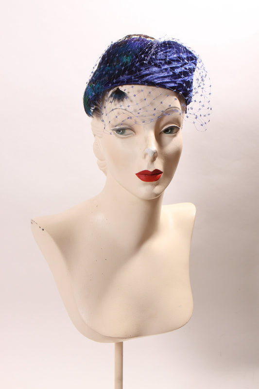 Deadstock 1950s 1960s Royal Blue Velvet and Peacock Feather Blue Veil Formal Hat by Chanda for Montaldo’s