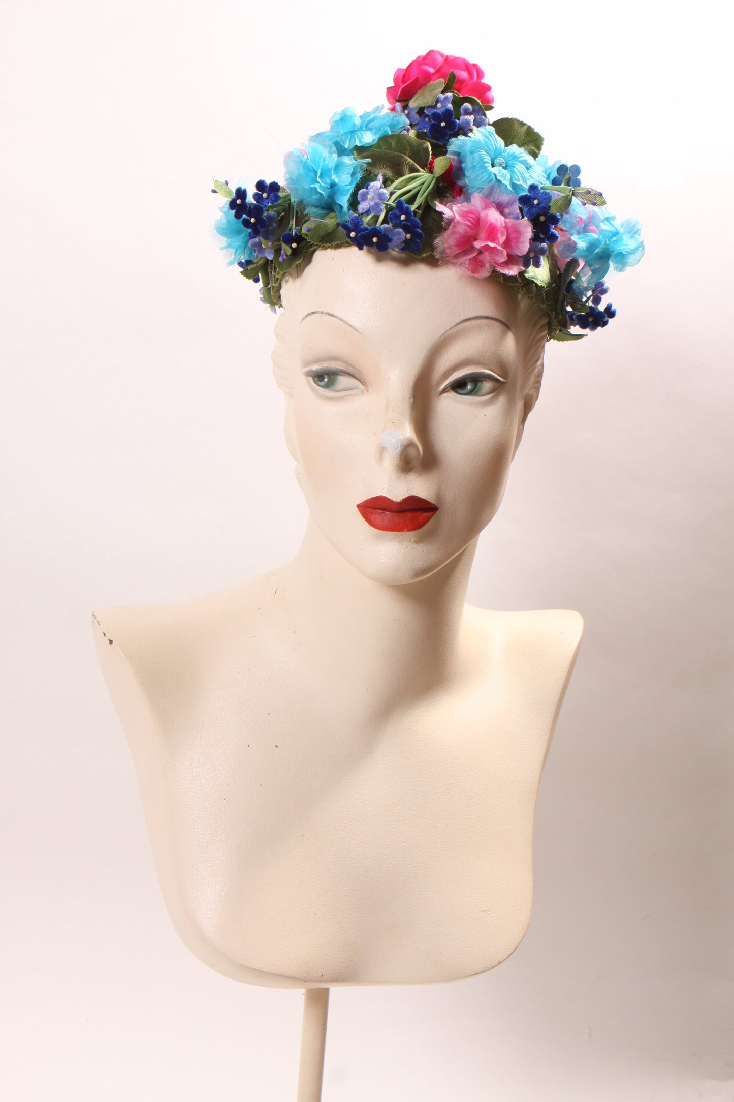 1950s 1960s Multi-Colored Bright Blue, Pink and Purple Floral Faux Flower Covered Formal Hat by Montaldo’s