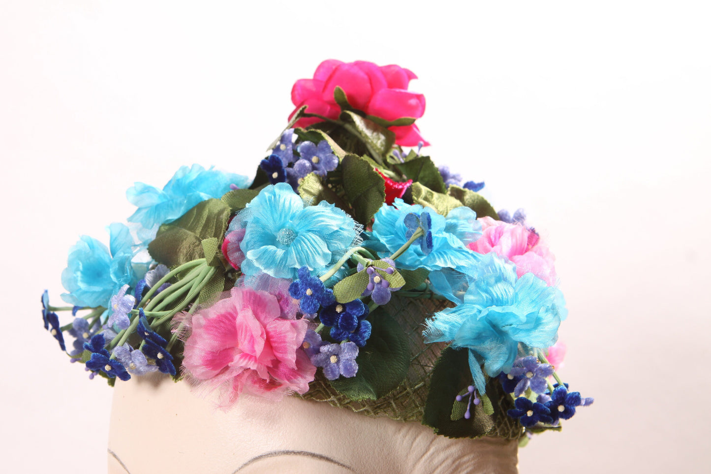 1950s 1960s Multi-Colored Bright Blue, Pink and Purple Floral Faux Flower Covered Formal Hat by Montaldo’s